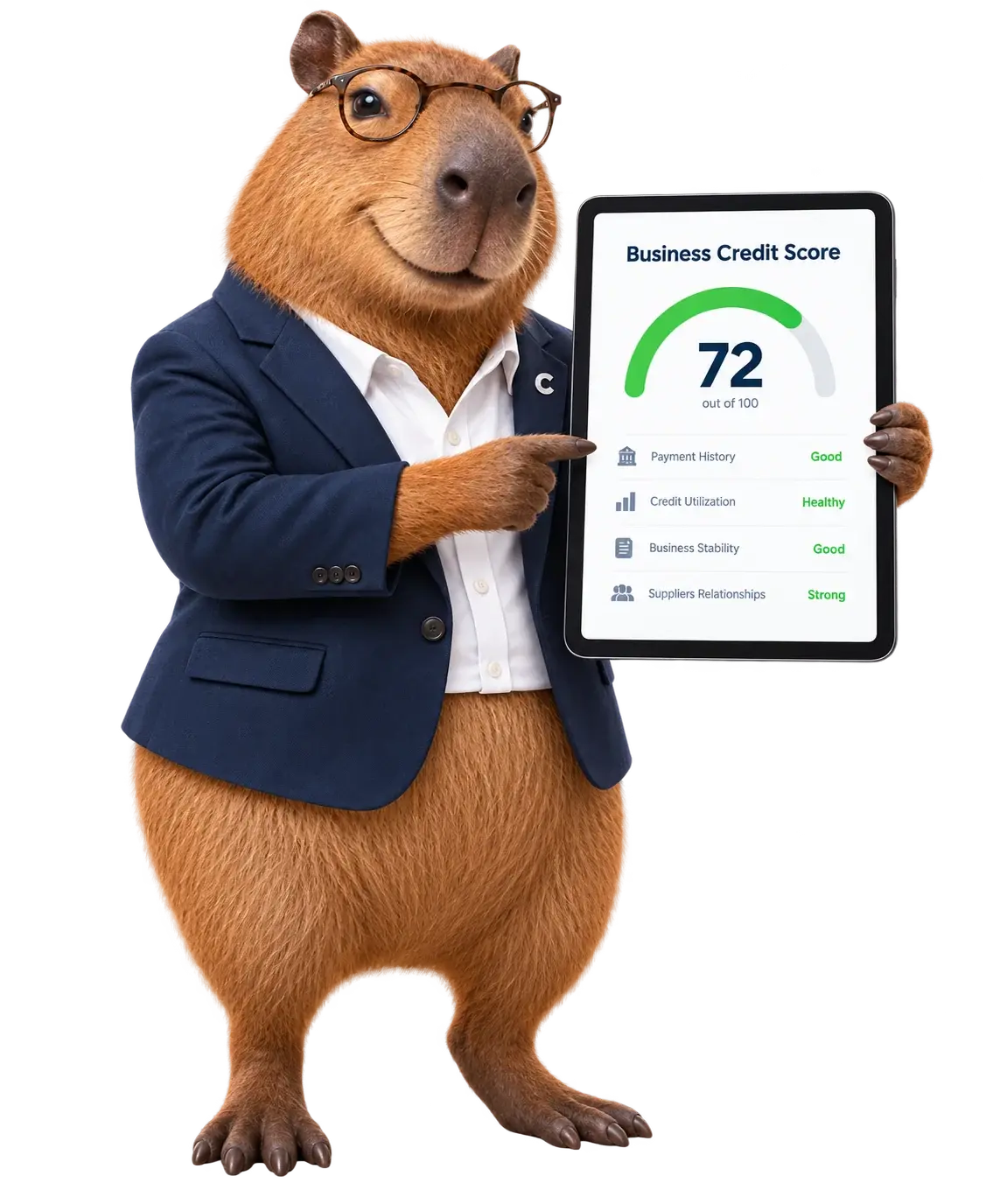 Capzy pointing at a tablet showing a Funding Score of 72 out of 100