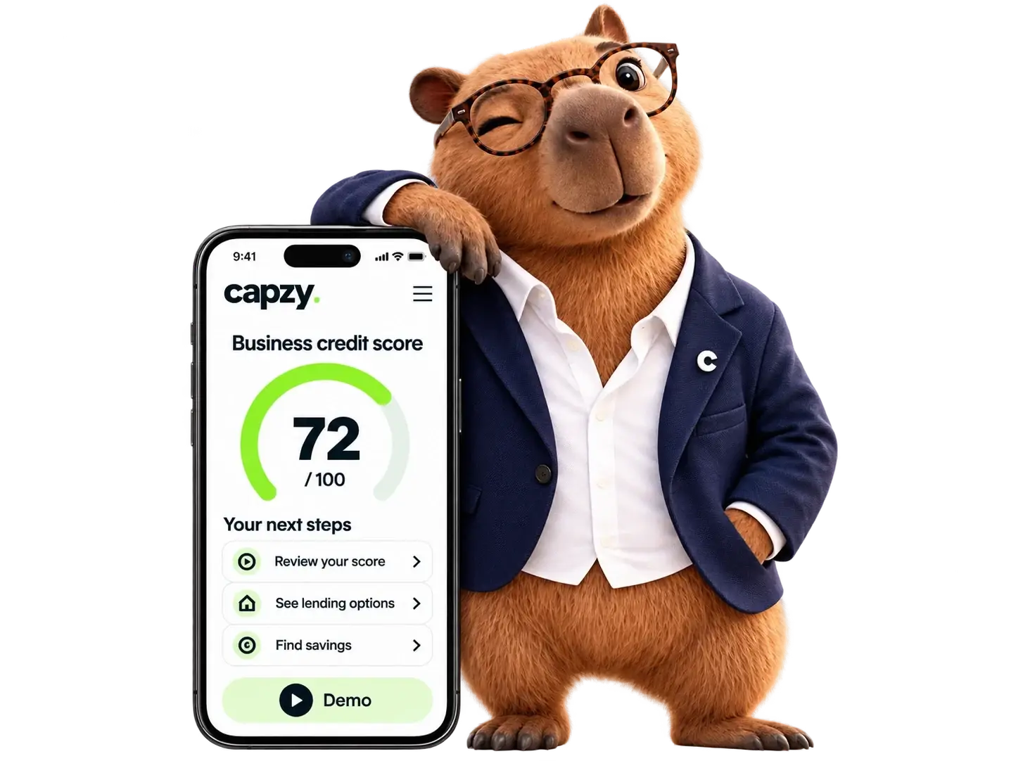 The Capzy mascot leaning on a phone showing a Funding Score of 72